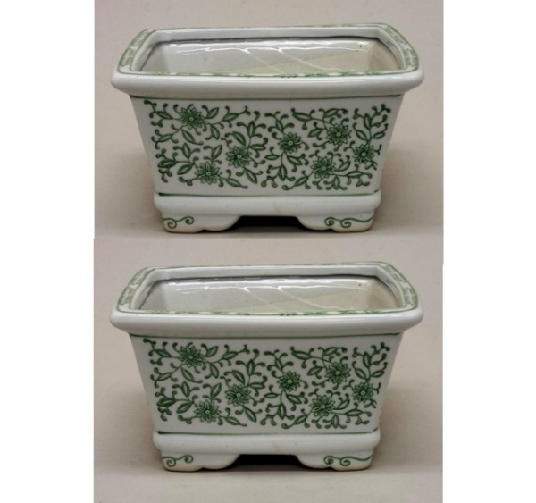 Picture of Green Floral Print on White Ceramic Planter Square Set/2  | 7.5"W  x 4"H |  Item No. 71313L