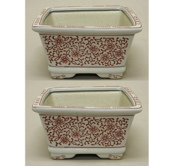 Picture of Red Floral Print on White Ceramic Planter Square Set/2  | 7.5"W  x 4"H |  Item No. 71413L