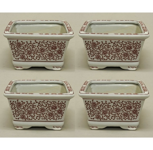 Picture of Red Floral Print on White Ceramic Planter Square Set/4  | 6"W x 3.5"H |  Item No. 71413M