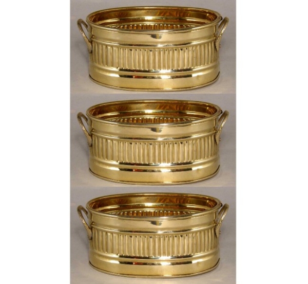 Picture of Planter Brass Oval Fluted Lines Handles Set/3  | 4.5"W x 6.5"L x 3"H |  Item No. 99485P