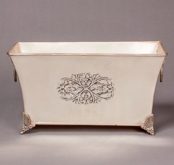 Picture of Silver Plated on Brass Planter with Ring Handles Embossed 4 Decorative Legs   | 8"x16"x9"H |  Item No. 79258