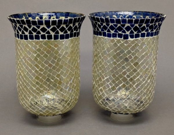 Picture of Clear Mosaic Glass Hurricane Shade Blue Border for Candle Holders Set/2 | 6"Dx10"H |  Item No. 26508