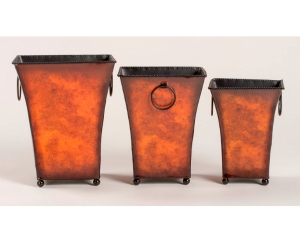 Picture of Rustic Brown Metal Square Planters Ring Handles 4-Ball Feet Nested Set/3  |  8"-9"-10"High |  Item No. 44606