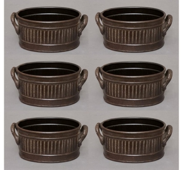 Picture of Brown  Finish on Metal Planter Oval Ribbed Surface Handles  Set/6 | 4"W x 6"L x 3"H |  Item No. 44487