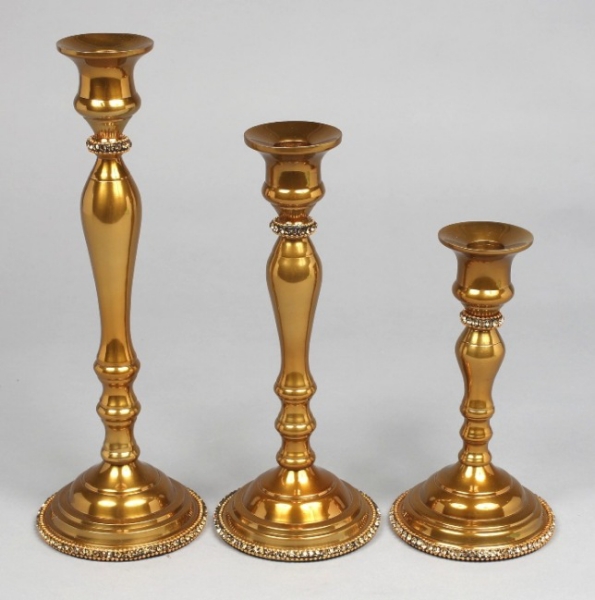 Picture of Antique Gold Candle Holder with Rhinestone Border & Base Set/3  | 8"-10"-12"H |  Item No. 16158