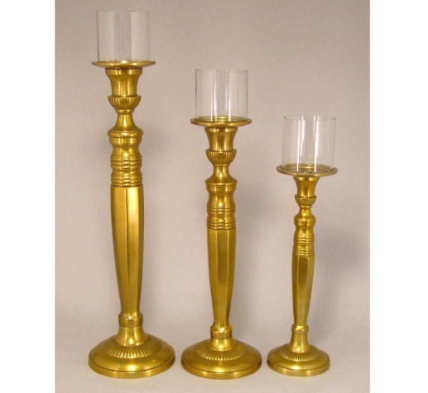 Picture of Antique Gold Aluminum Candle Holders with Glass Shades Set/3  | 5.25"D & 20"-24"-28"H |  Item No. 51658