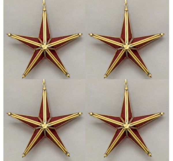 Picture of Red Textured Glass 5-Cones 3D Star in Brass Frame with Hanging String Set/4  | 9"W x 9"H |  Item No. 24122
