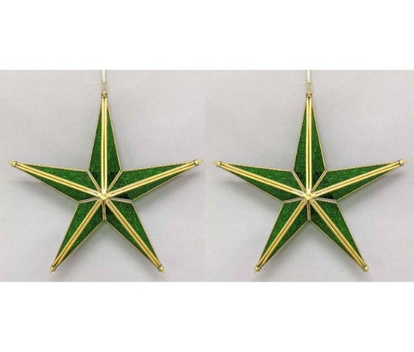 Picture of Green Textured Glass 5-Cones 3D Star in Brass Frame with Hanging String  Set/2  | 12"W x 12"H |  Item No. 24133