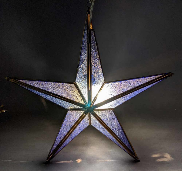 Picture of Blue Textured Glass 5-Cones 3D Star in Brass Frame with Hanging String  | 15"W x 15"H |  Item No. 24114