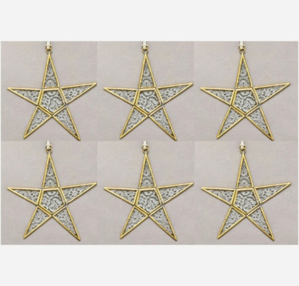 Picture of Clear Textured Glass 5-Point Star in Brass Frame with Hanging String Set/6  | 5.5"W x 5.5"H |  Item No. 24161