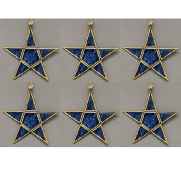 Picture of Blue Textured Glass 5-Point Star in Brass Frame with Hanging String Set/6  | 5.5"W x 5.5"H |  Item No. 24171