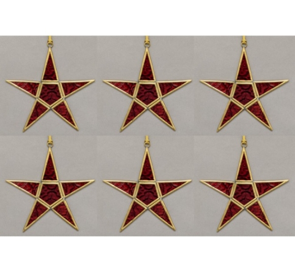 Picture of Red Textured Glass 5-Point Star in Brass Frame with Hanging String Set/6  | 5.5"W x 5.5"H |  Item No. 24181