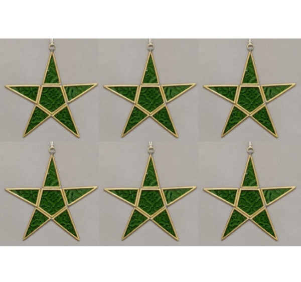 Picture of Green Textured Glass 5-Point Star in Brass Frame with Hanging String Set/6  | 5.5"W x 5.5"H |  Item No. 24191