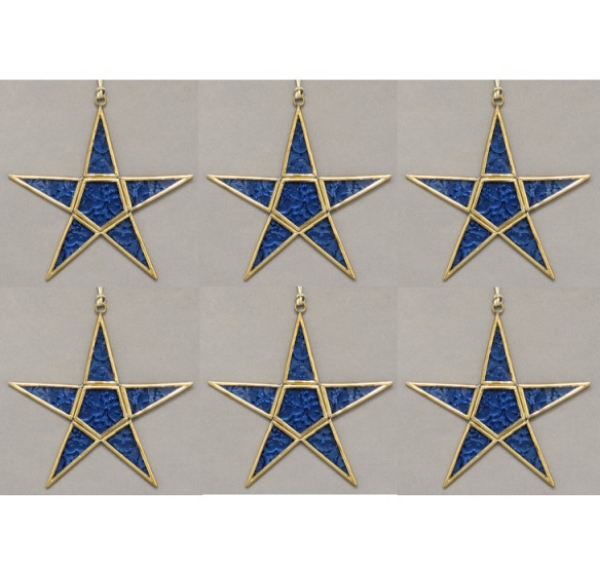 Picture of Blue Textured Glass 5-Point Star in Brass Frame with Hanging String Set/6  | 7"W x 7"H |  Item No. 24172