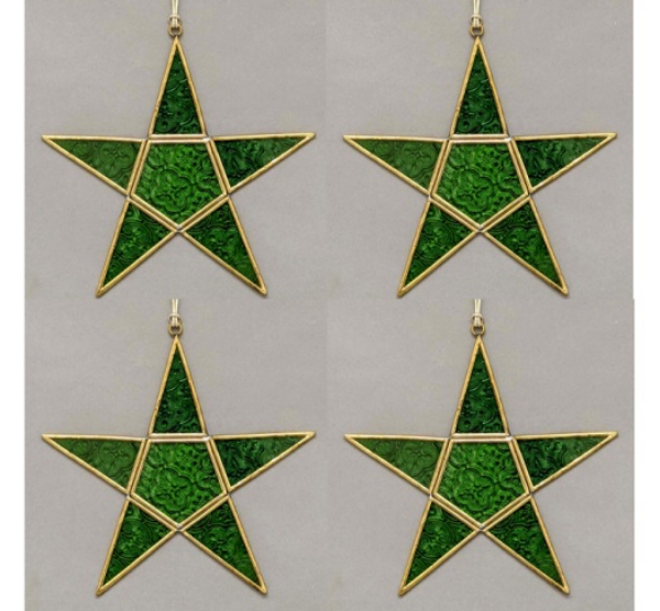 Picture of Green Textured Glass 5-Point Star in Brass Frame with Hanging String Set/4  | 8.5"W x 8.5"H |  Item No. 24193