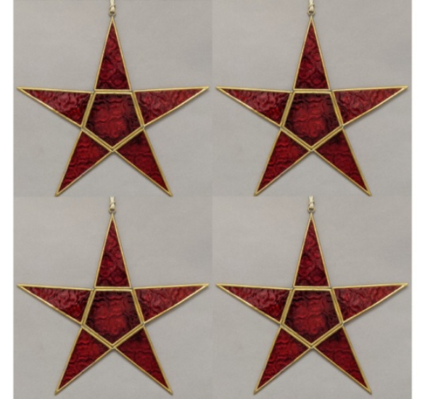 Picture of Red Textured Glass 5-Point Star in Brass Frame with Hanging String Set/4  | 12"W x 12"H |  Item No. 24184