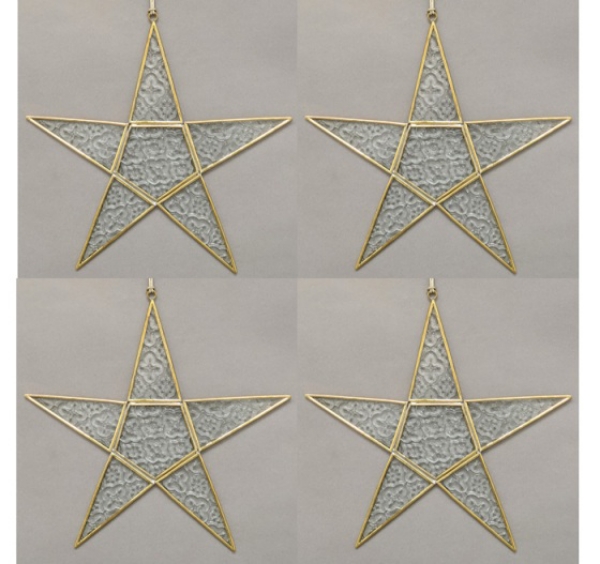 Picture of Clear Textured Glass 5-Point Star in Brass Frame with Hanging String Set/4  | 12"W x 12"H |  Item No. 24164