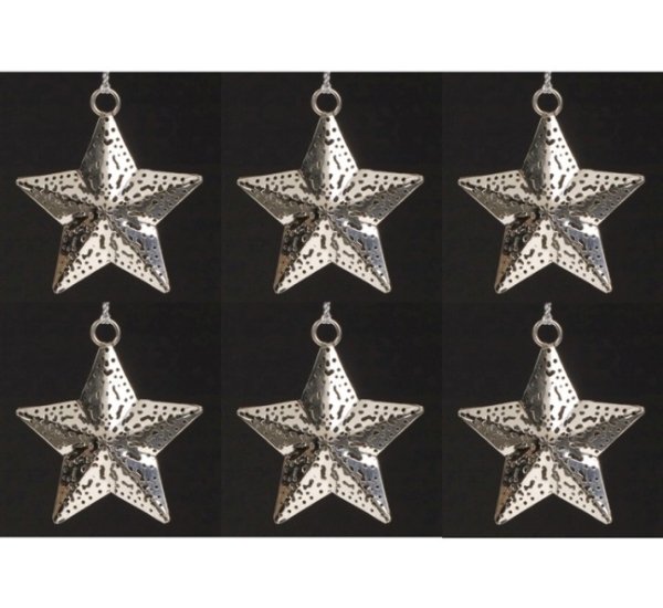 Picture of Silver Plated on Perforated Brass Star 5-Point 3D with Hanging String  Set/6  | 2.75"Diameter |  Item No. 24701