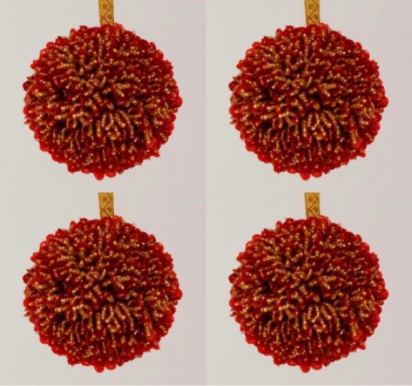 Picture of Red Bead Ball Ornament with Gold Hanging Ribbon Set/4 | 3"Diameter |  Item No. 43103