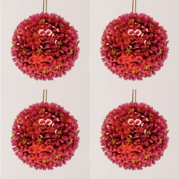 Picture of Red Sequin Stars Ball Ornament with Hanging String  Set/4  | 3"Diameter |  Item No. 43123