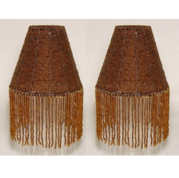Picture of Brown Bead Lamp Shade with Fringe Woven on Metal Wire Frame  Set/2  | 2.5"x5.5"x9"H |  Item No. 20421