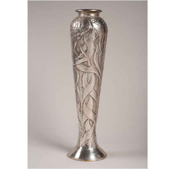 Picture of Silver Plated on Brass  Vase Embossed Iris Flowers  | 9"Dx36"H |  Item No. K79225