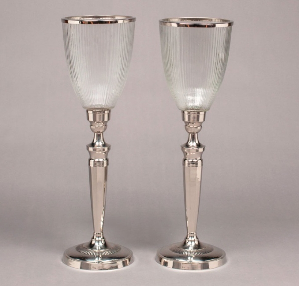 Picture of Nickel Plated on Brass Candle Holders  with Fluted Glass Shades Set/2  | 7"Dx24"H |  Item No. K62197