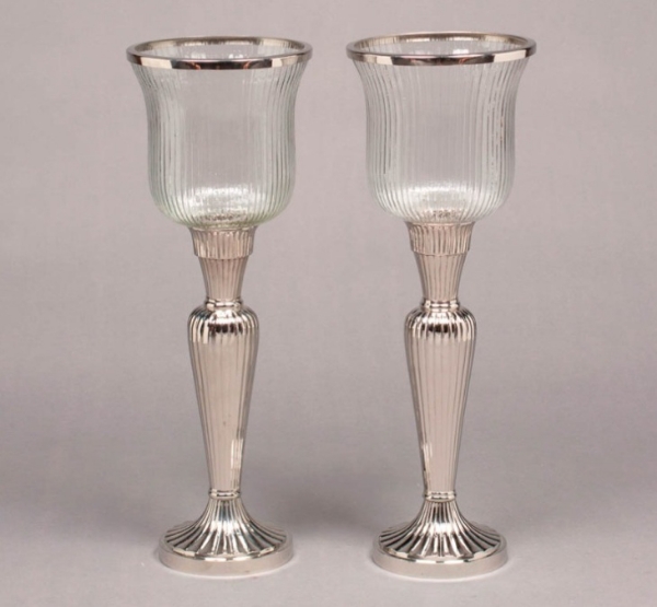 Picture of Nickel Plated on Brass Candle Holders  with Fluted Glass Shades Set/2  | 7.5"Dx21"H |  Item No. K62198