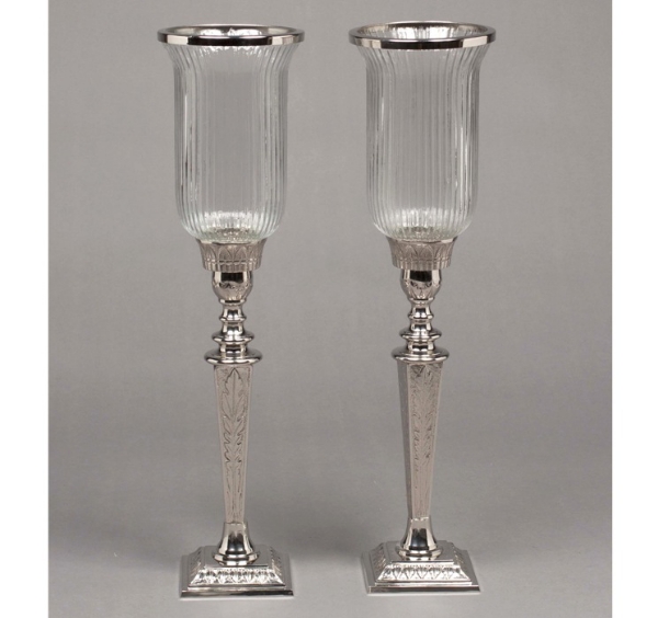 Picture of Nickel Plated on Brass Candle Holders  with Fluted Glass Shades Set/2  | 5"Dx23"H |  Item No. K62199
