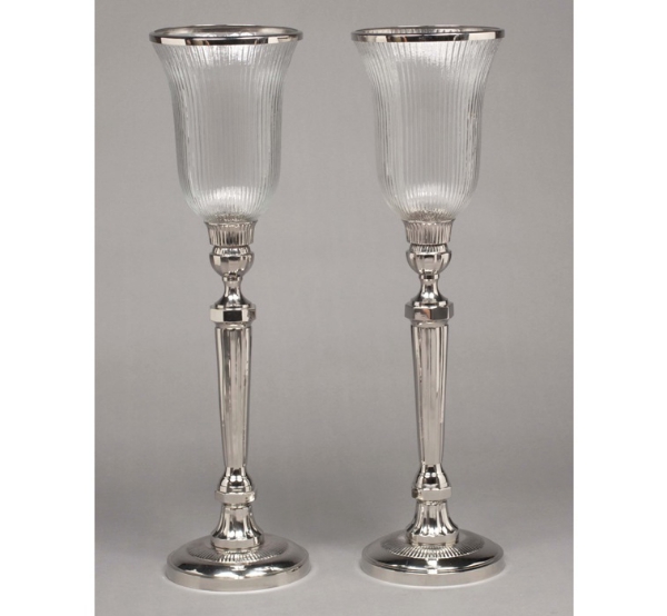 Picture of Nickel Plated on Brass Candle Holders  with Fluted Glass Shades Set/2  | 8"Dx30"H |  Item No. K62196