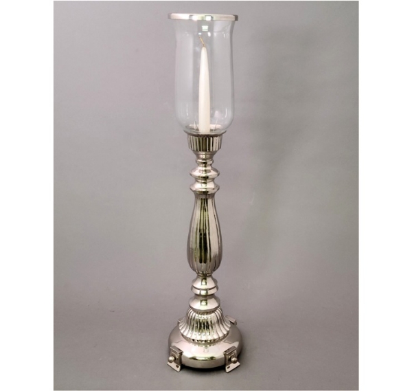 Picture of Silver Plated on Brass Candle Holders 4-Legs with Clear Glass Shade & Ring  | 8"Dx25"H |  Item No. K79506