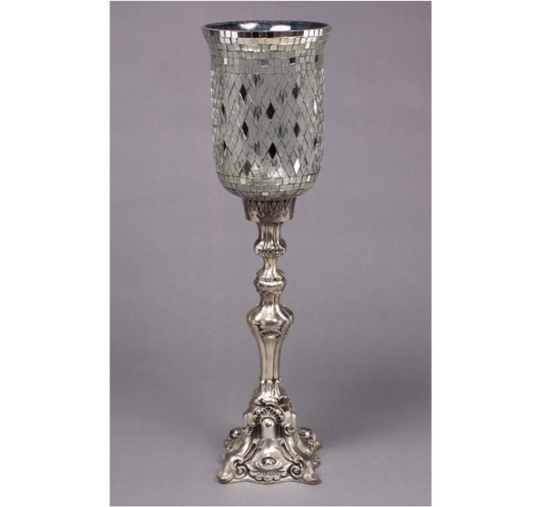 Picture of Silver Plated on Brass Candle Holder Square with Mosaic Glass Shade  | 6"Dx24"H |  Item No. K79519