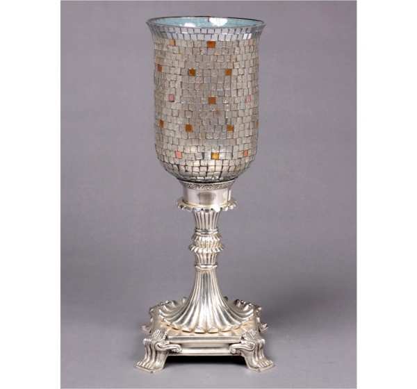 Picture of Silver Plated on Brass Candle Holder Square with Mosaic Glass Shade  | 6.5"Dx19"H |  Item No. K85101