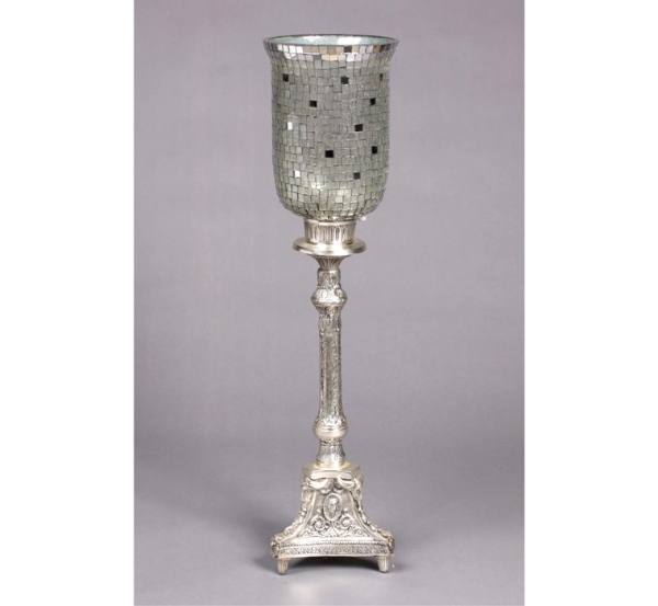 Picture of Silver Plated on Brass Candle Holder Triangle Base with Mosaic Glass Shade  | 6"Dx28"H |  Item No. K79758
