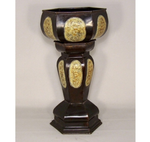 Picture of Brown Patina on Brass Planter Hexagonal on Pedestal Base Embossed   | 11.5"Wx25"H |  Item No. K61166Y
