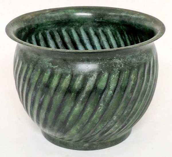 Picture of Dark Green Patina on Brass Planter Round Ring Swirl Lines  | 10"Dx7.5"H |  Item No. K57148