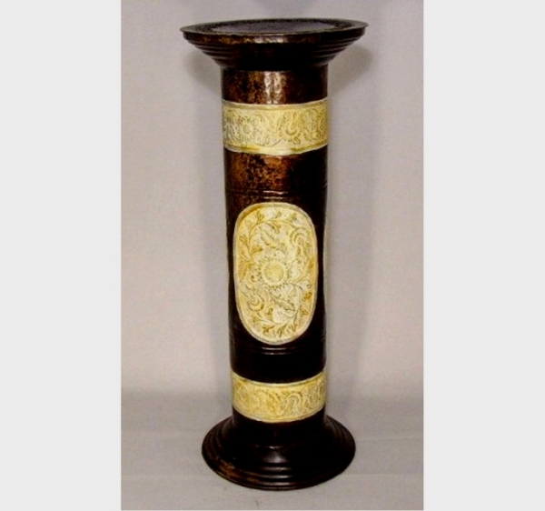 Picture of Brown Patina on Brass Round Display Pedestal  Embossed White Medallion  | 13"Dx36"H |  Item No. K61642W