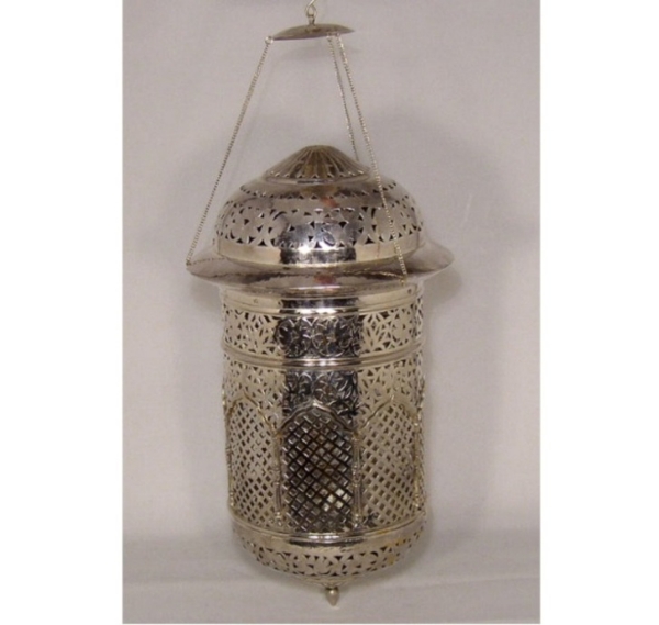 Picture of Silver Plated on Brass Moroccan Style Hanging Perforated Lantern | 12.5"Dx 24"H |  Item No. K00381