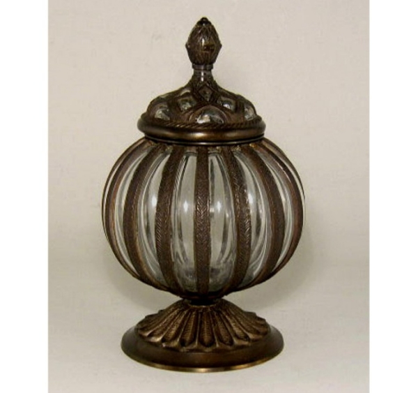 Picture of Bronze Patina Finish on Brass Jar with Poured Glass  | 6"Dx11"H |  Item No. 76060 SOLD AS IS