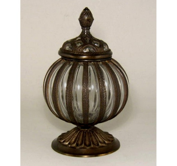 Picture of Bronze Patina Finish on Brass Jar with Poured Glass  | 6"Dx11"H |  Item No. K76060X SOLD AS IS