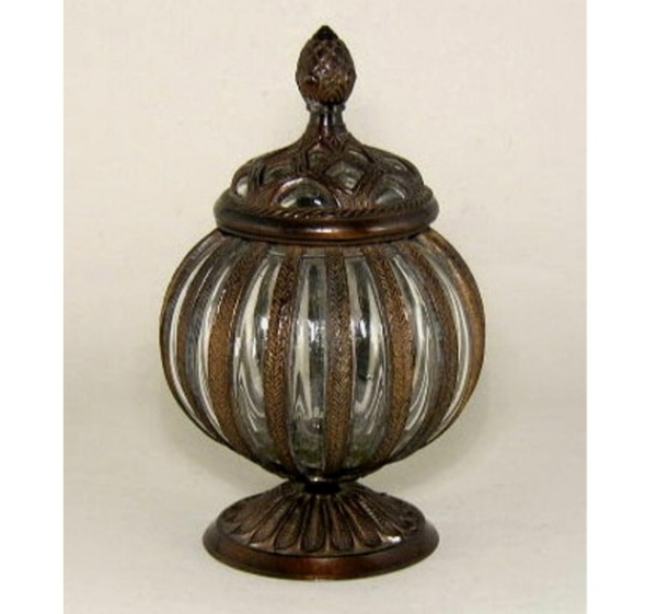 Picture of Bronze Patina Finish on Brass Jar with Poured Glass  | 5.5"Dx10"H |  Item No. 76061 SOLD AS IS