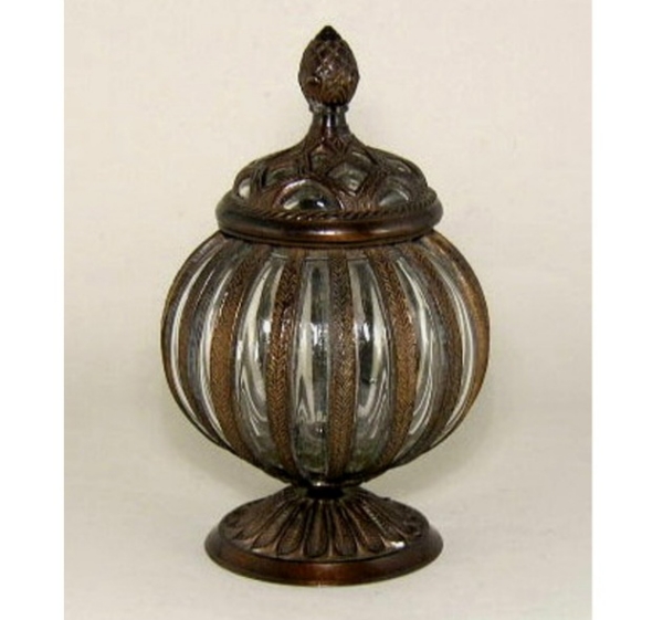 Picture of Bronze Patina Finish on Brass Jar with Poured Glass  | 5.5"Dx10"H |  Item No. K76061X SOLD AS IS