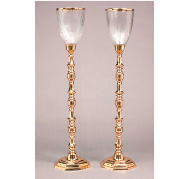Picture of Brass Candle Holders Shiny & Fluted Clear Glass Shades Set/2  | 8"Wx40"H |  Item No. K99194