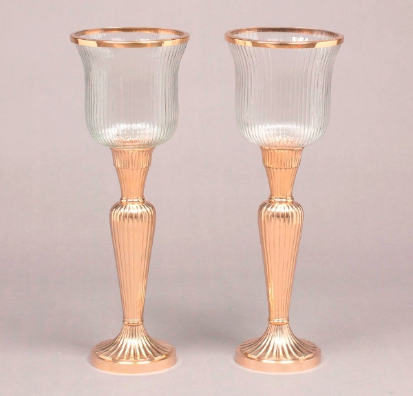 Picture of Brass Candle Holders Fluted Shiny & Fluted Clear Glass Shades Set/2  | 7"Dx21"H |  Item No. K99198
