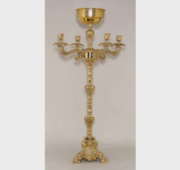 Picture of Brass Candelabra 4-Light + Bowl  Embossed Triangle Base | 14"Wx28"H |  Item No. K99562
