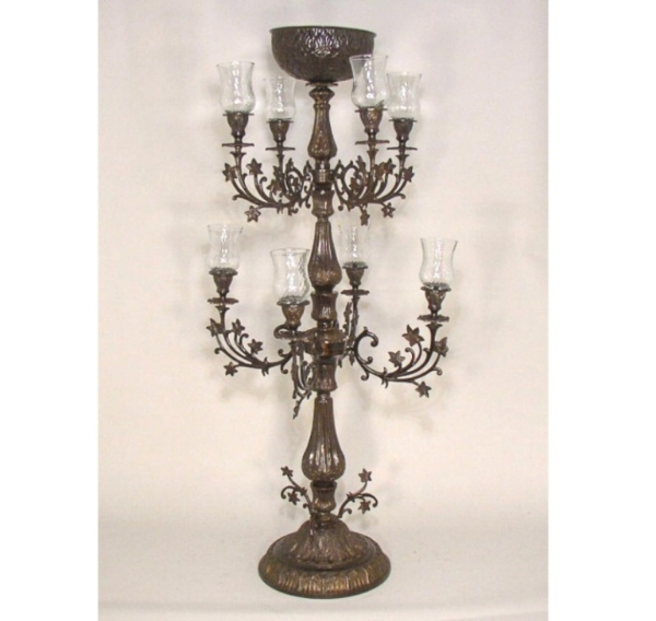 Picture of Bronze Finish on Brass Candelabra 9-Light + Bowl and Glass Peg Votives | 17"Wx39.5"H |  Item No. 76578