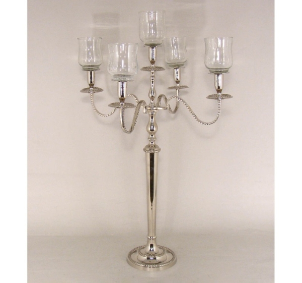 Picture of Nickel Plated Candelabra 5-Light with Clear Glass Peg Votives | 16"Wx29.5"H |  Item No. K79582