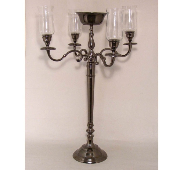 Picture of Black Nickel Plated Aluminum Candelabra 4-Light + Bowl Clear Glass Shades | 21"Wx38.5"H |  Item No. K51560B