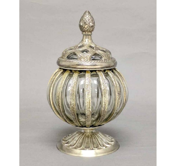 Picture of Silver plated  Round Jar | 5"Dx9" |  Item No. K79062 "SOLD AS IS"