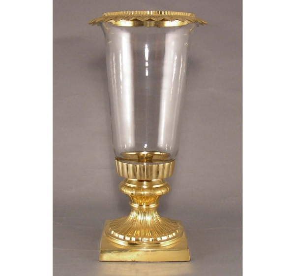 Picture of Brass Candle Holder Square Base with Clear Glass Shade and Decorative Ring | 7.5"Dx16"H |  Item No. 19014